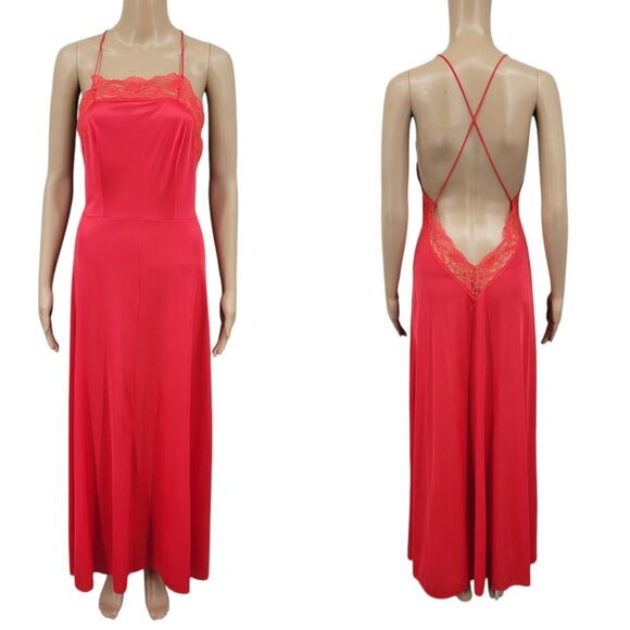 Vintage Dresses & Skirts - Vintage Nightgown Elegant Red Spaghetti Strap Slip Dress Open Back Lace